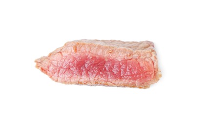 Photo of Slice of beef tenderloin cooked to medium rare isolated on white, top view