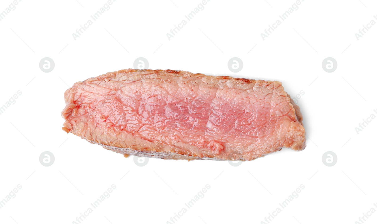 Photo of Slice of beef tenderloin cooked to medium well isolated on white, top view