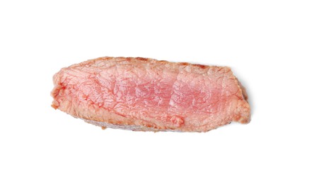 Photo of Slice of beef tenderloin cooked to medium well isolated on white, top view