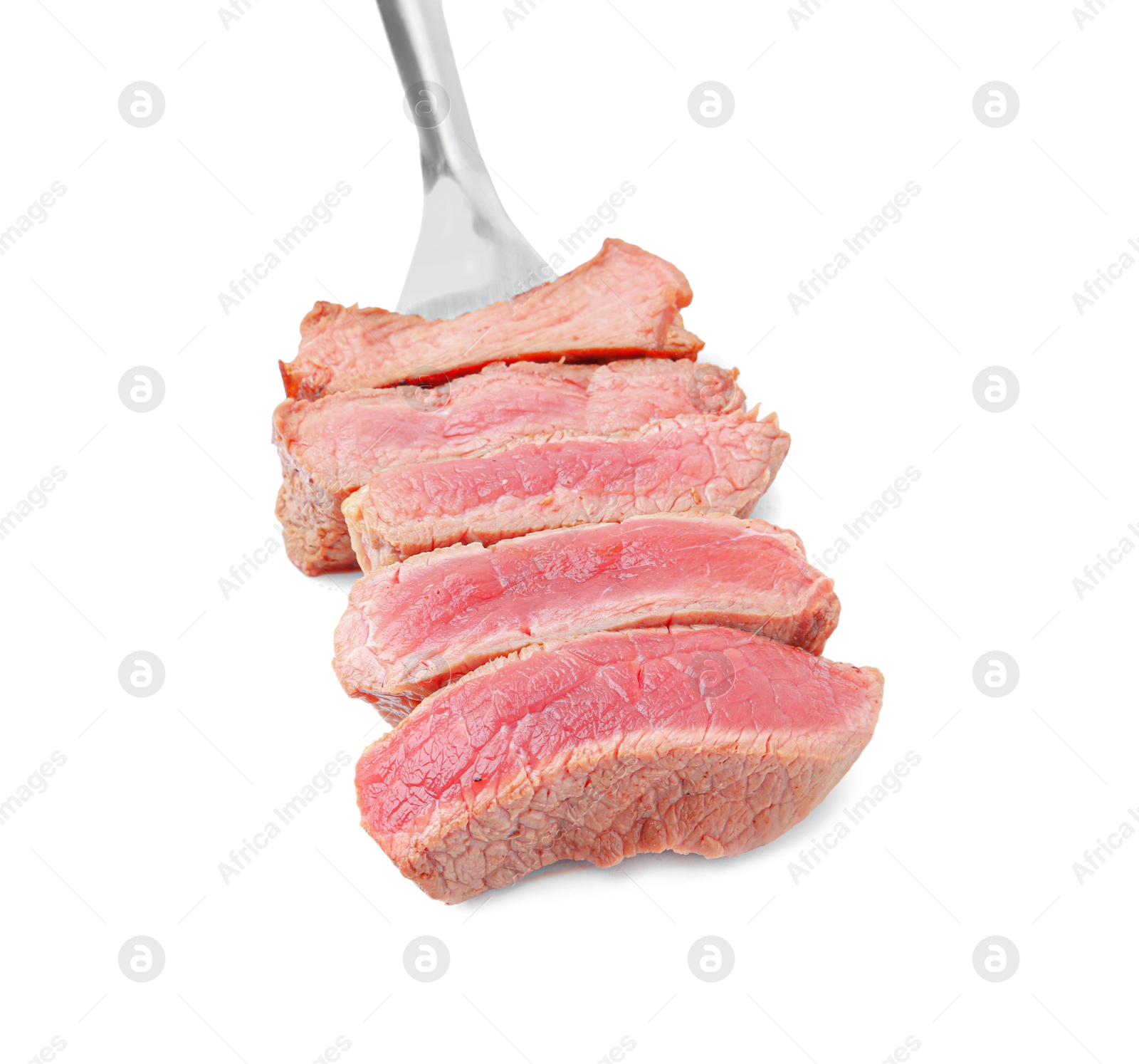 Photo of Delicious sliced beef tenderloin with different degrees of doneness isolated on white