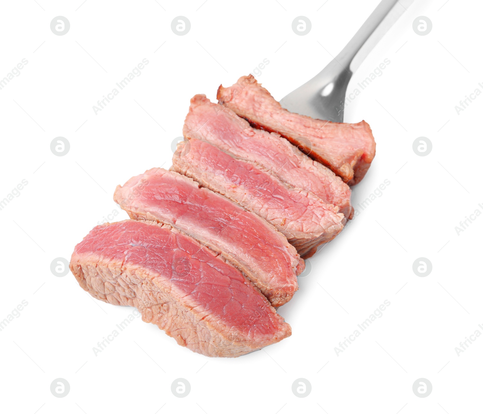 Photo of Delicious sliced beef tenderloin with different degrees of doneness isolated on white