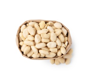 Photo of Peeled peanuts in paper bag isolated on white, top view