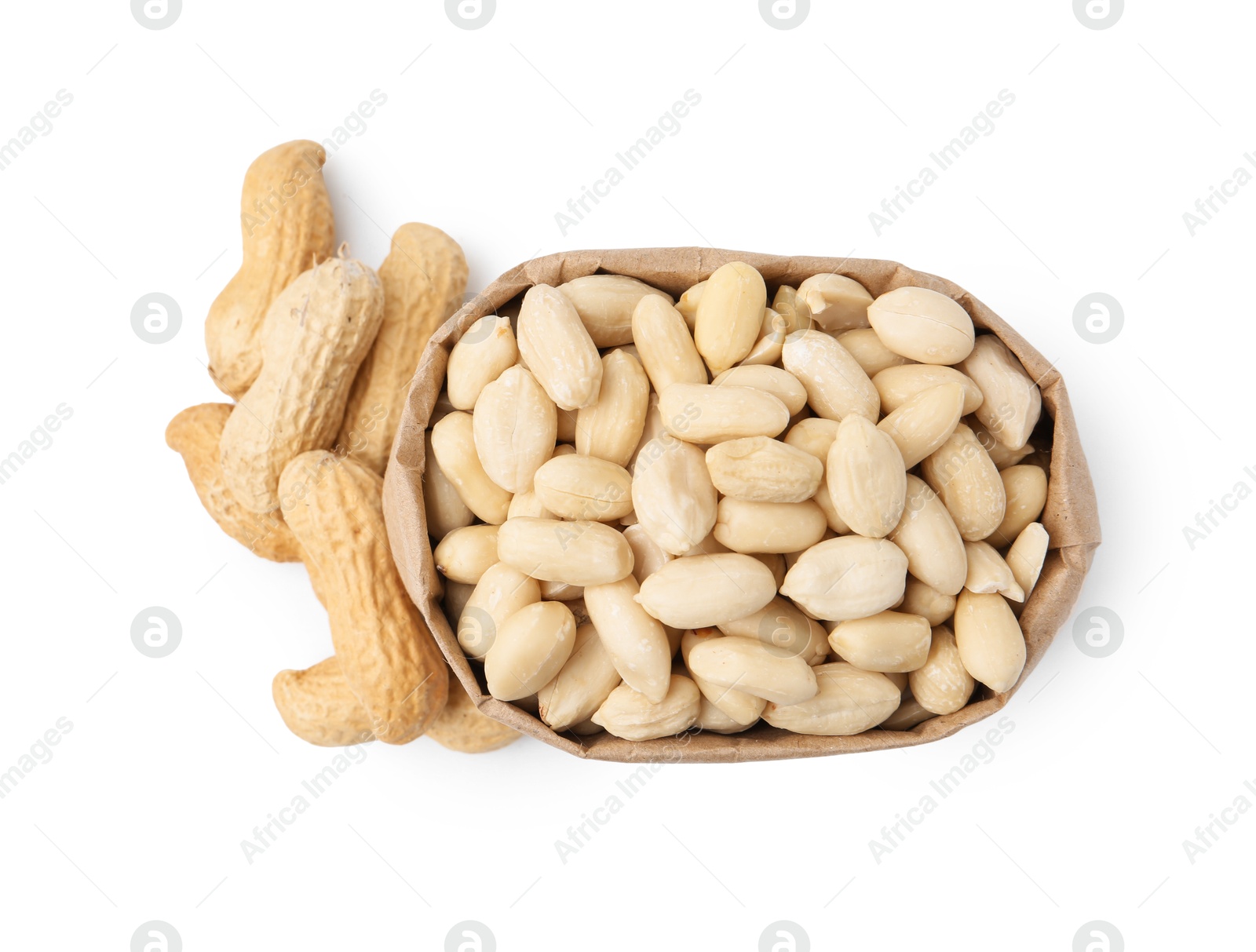 Peeled peanuts in paper bag and unpeeled ones isolated on white, top view Photo of Peeled peanuts in paper bag and unpeeled ones isolated on white, top view