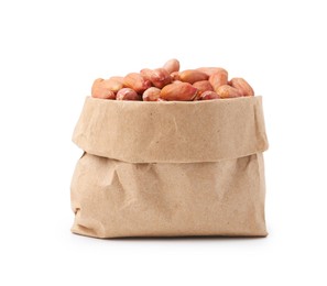 Photo of Fresh peanuts in paper bag isolated on white