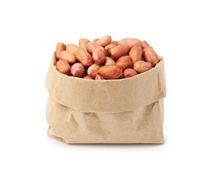 Photo of Fresh peanuts in paper bag isolated on white
