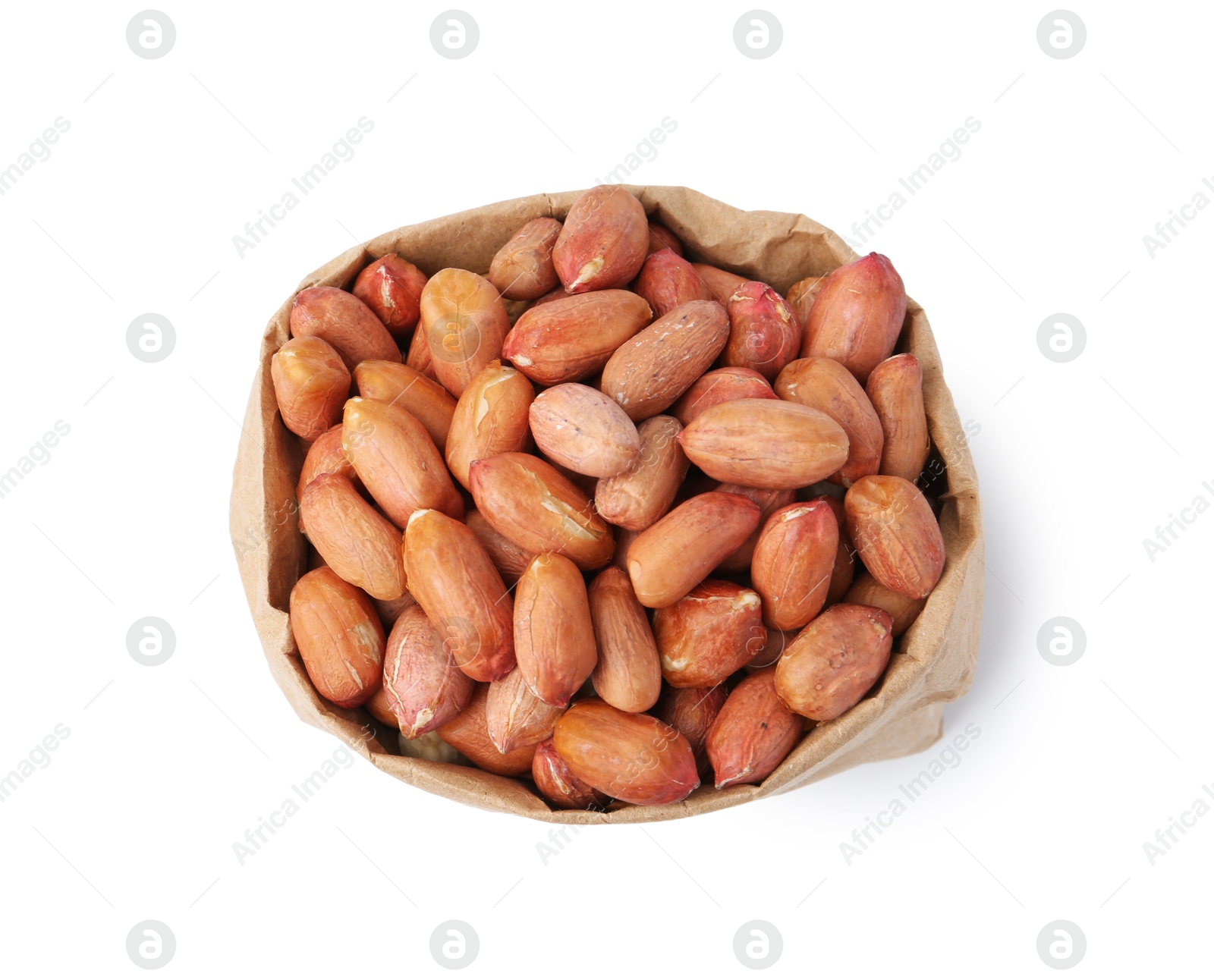 Photo of Fresh peanuts in paper bag isolated on white, top view