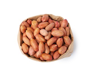 Photo of Fresh peanuts in paper bag isolated on white, top view