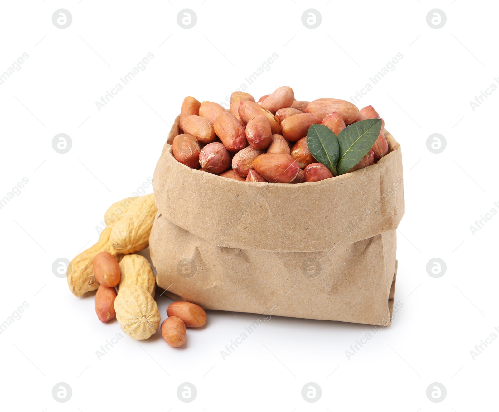 Fresh peanuts in paper bag and unpeeled ones isolated on white Photo of Fresh peanuts in paper bag and unpeeled ones isolated on white