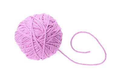 Photo of Ball of violet yarn isolated on white, top view