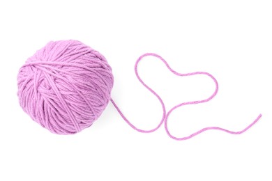 Photo of Ball of violet yarn isolated on white, top view