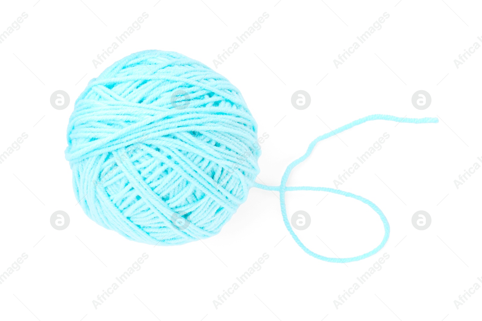 Photo of Ball of light blue yarn isolated on white, top view