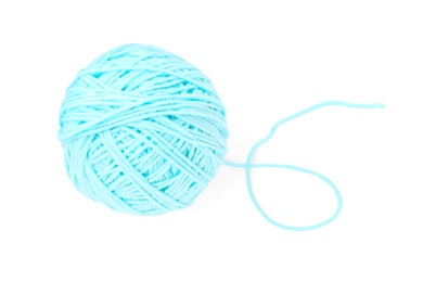 Photo of Ball of light blue yarn isolated on white, top view