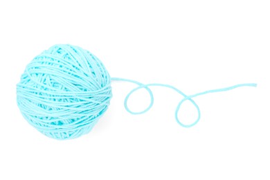 Ball of light blue yarn isolated on white, top view