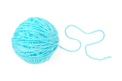 Photo of Ball of light blue yarn isolated on white, top view