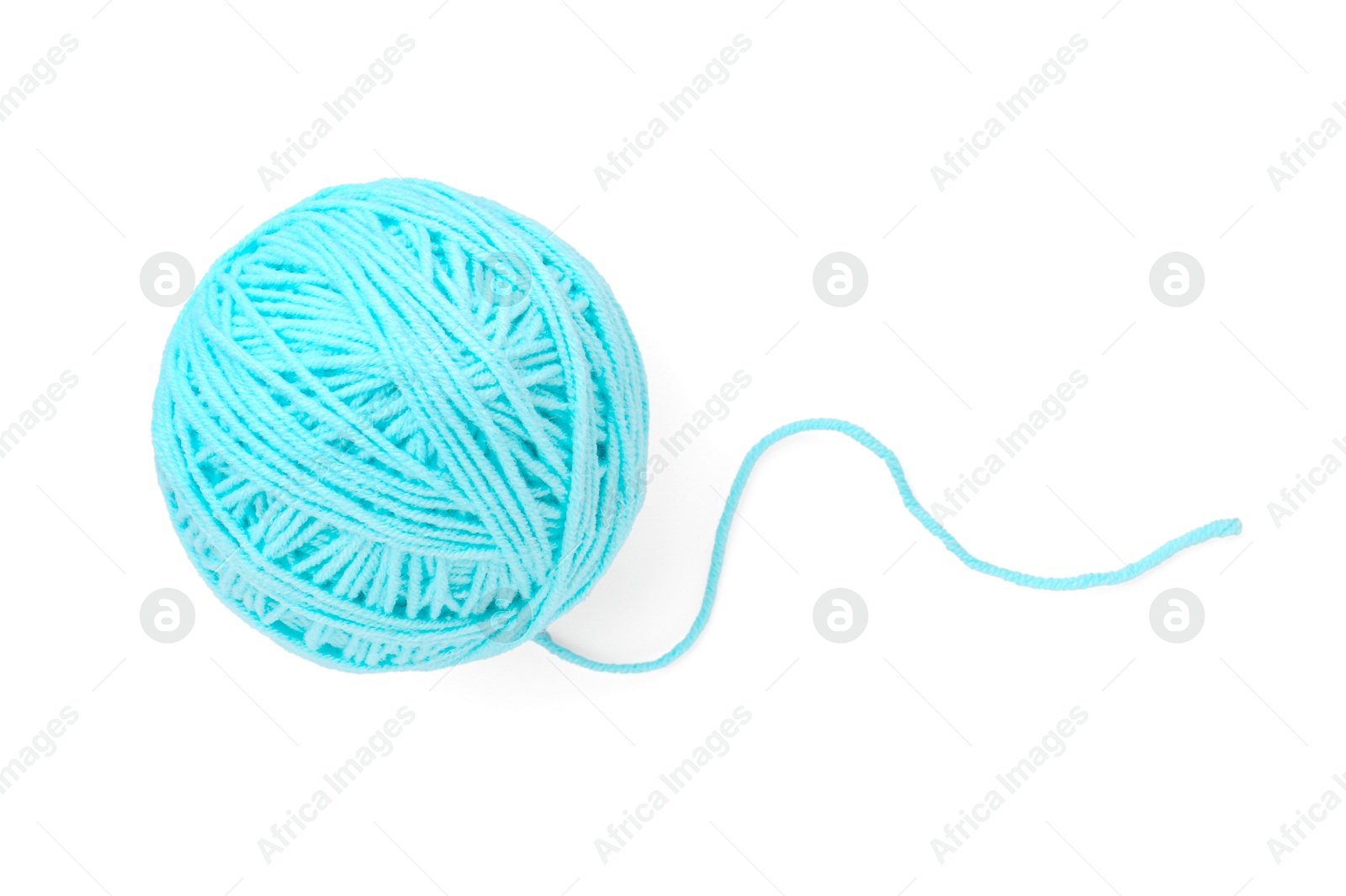 Photo of Ball of light blue yarn isolated on white, top view