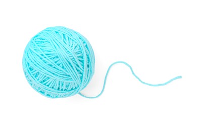 Photo of Ball of light blue yarn isolated on white, top view