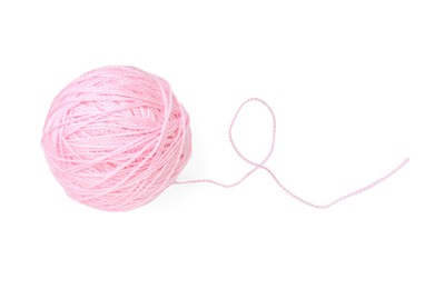 Photo of Ball of pink yarn isolated on white, top view