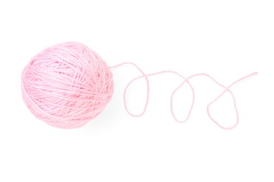 Photo of Ball of pink yarn isolated on white, top view