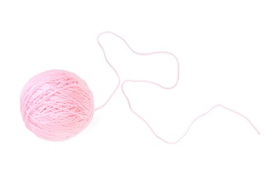 Ball of pink yarn isolated on white, top view