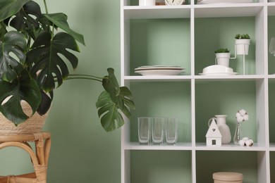 Photo of Shelving unit with dishware near olive wall indoors