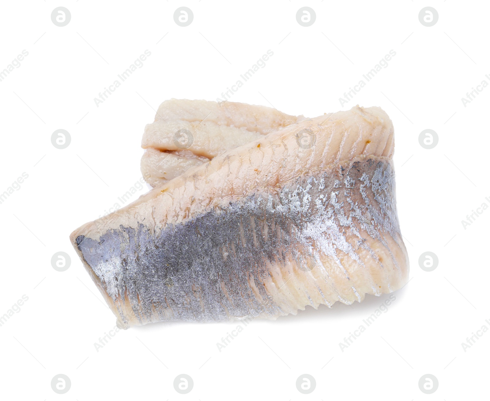 Photo of One marinated herring fillet isolated on white, above view