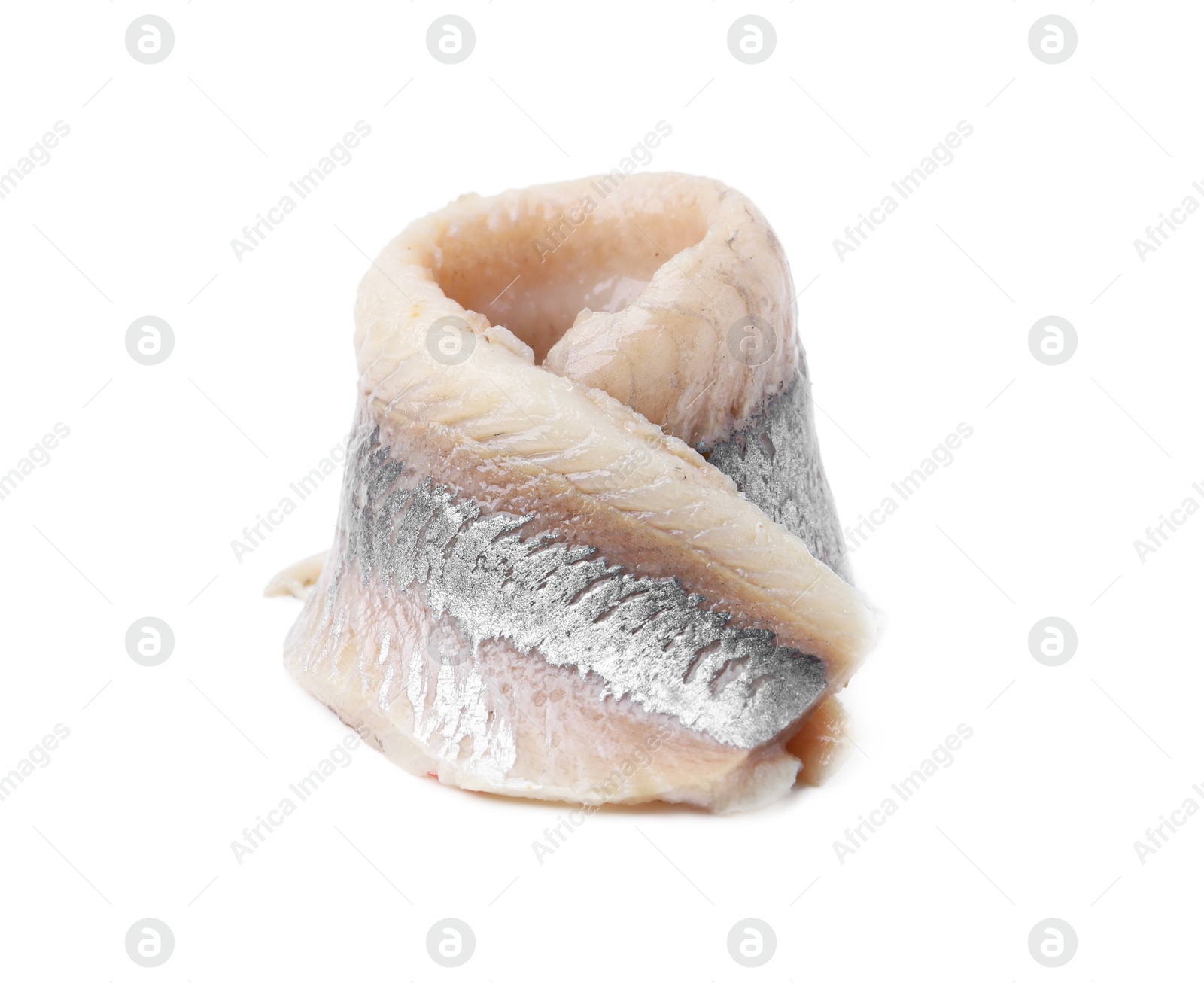 Photo of One marinated herring fillet isolated on white