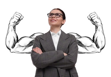 Image of Confident woman with drawing of strong arms behind her on white background