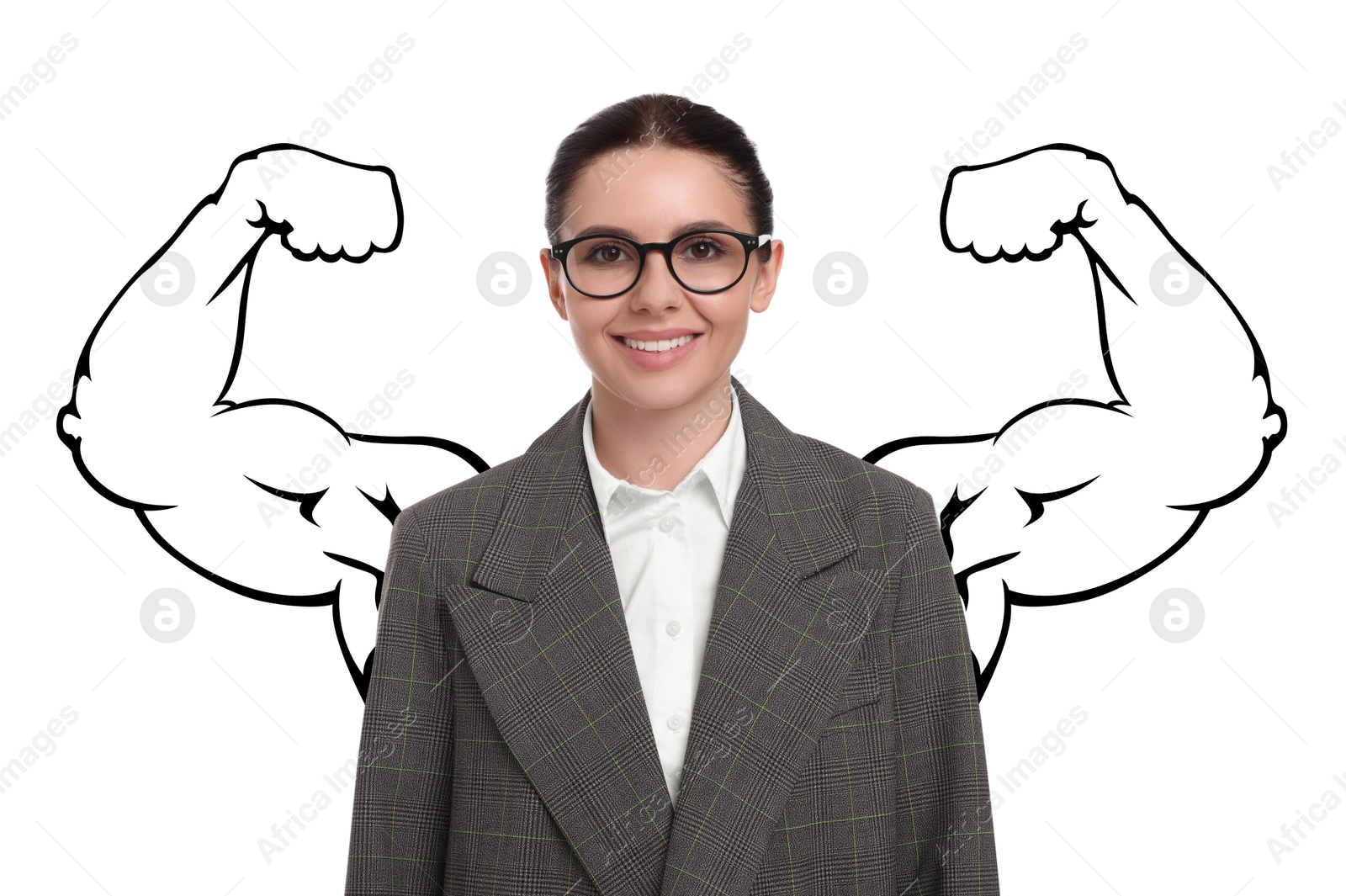 Image of Confident woman with drawing of strong arms behind her on white background