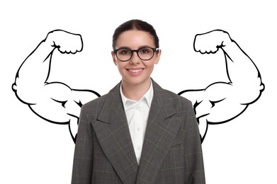 Image of Confident woman with drawing of strong arms behind her on white background