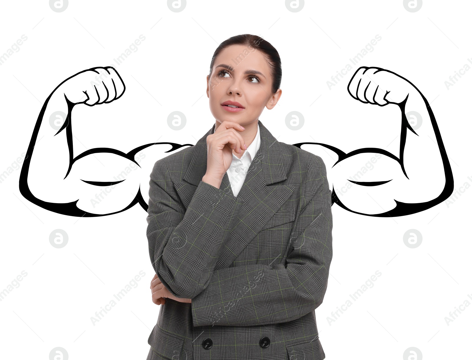 Image of Business woman with drawing of strong arms behind her on white background