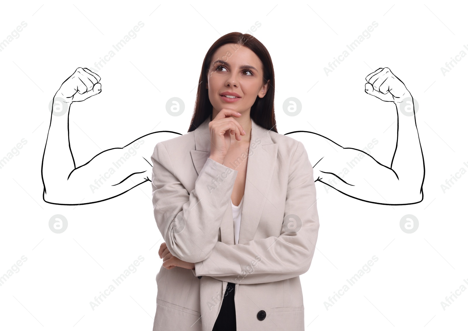 Image of Business woman with drawing of strong arms behind her on white background