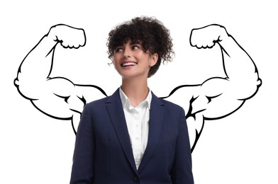 Image of Happy woman with drawing of strong arms behind her on white background