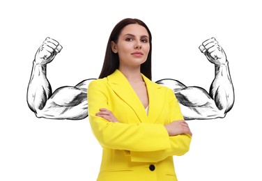 Image of Confident woman with drawing of strong arms behind her on white background