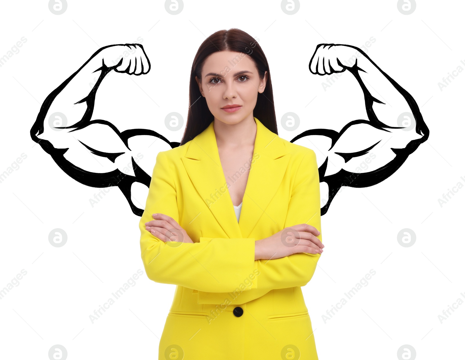 Image of Confident woman with drawing of strong arms behind her on white background