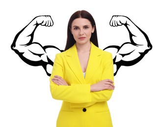 Image of Confident woman with drawing of strong arms behind her on white background