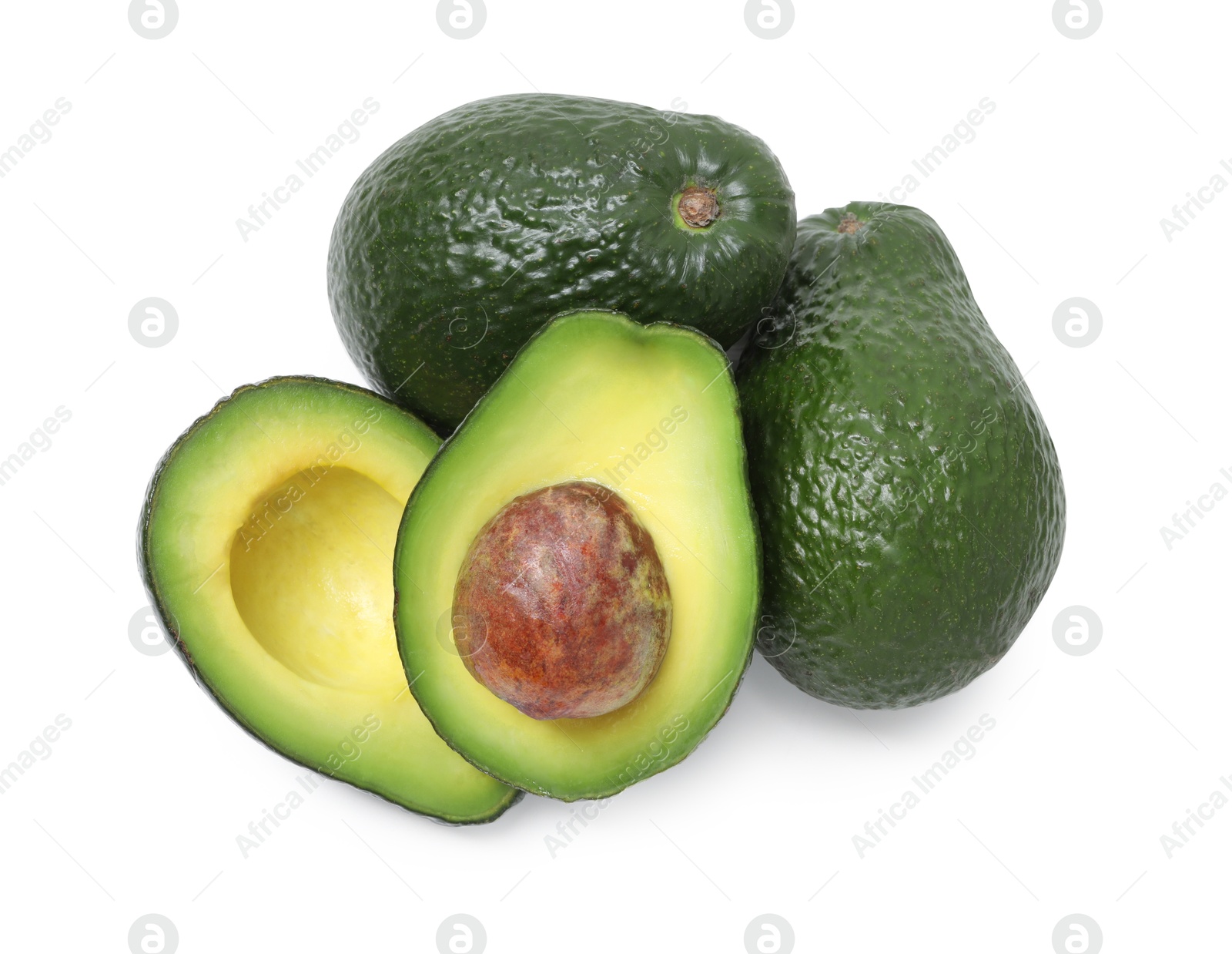 Photo of Many whole and cut avocados isolated on white, top view