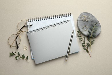 Paper clips, other stationery, glasses and green branches on light grey background, flat lay