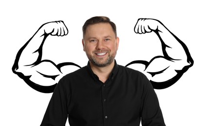 Image of Happy man with drawing of strong arms behind him on white background