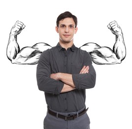 Image of Confident man with drawing of strong arms behind him on white background