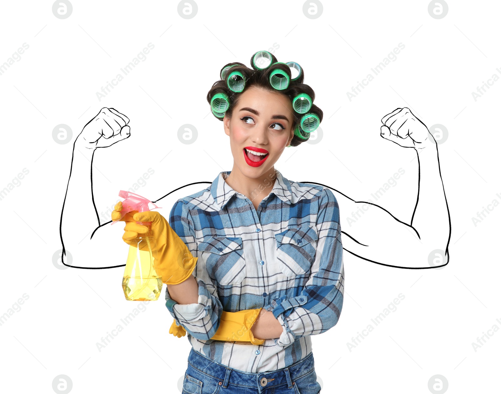 Image of Happy housewife with drawing of strong arms behind her on white background