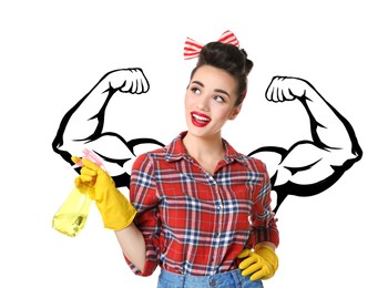 Image of Happy housewife with drawing of strong arms behind her on white background