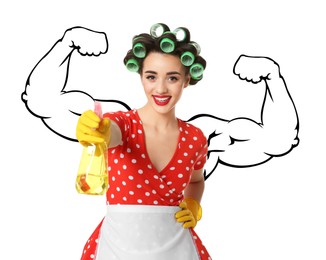 Image of Happy housewife with drawing of strong arms behind her on white background