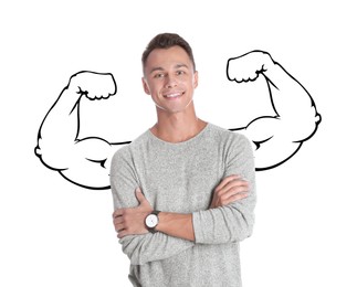 Image of Confident man with drawing of strong arms behind him on white background