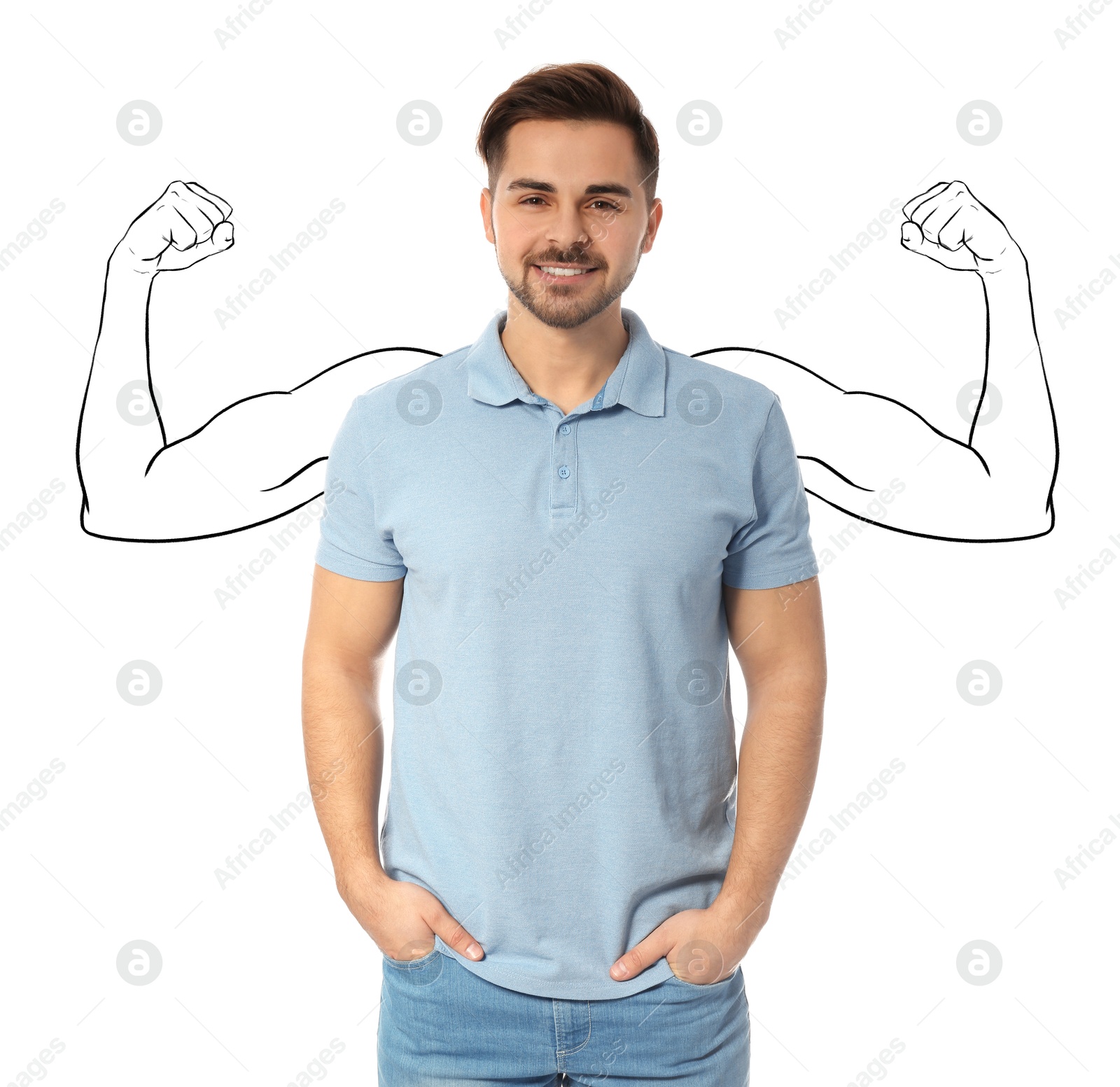 Image of Confident man with drawing of strong arms behind him on white background