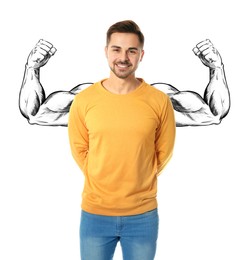 Image of Confident man with drawing of strong arms behind him on white background