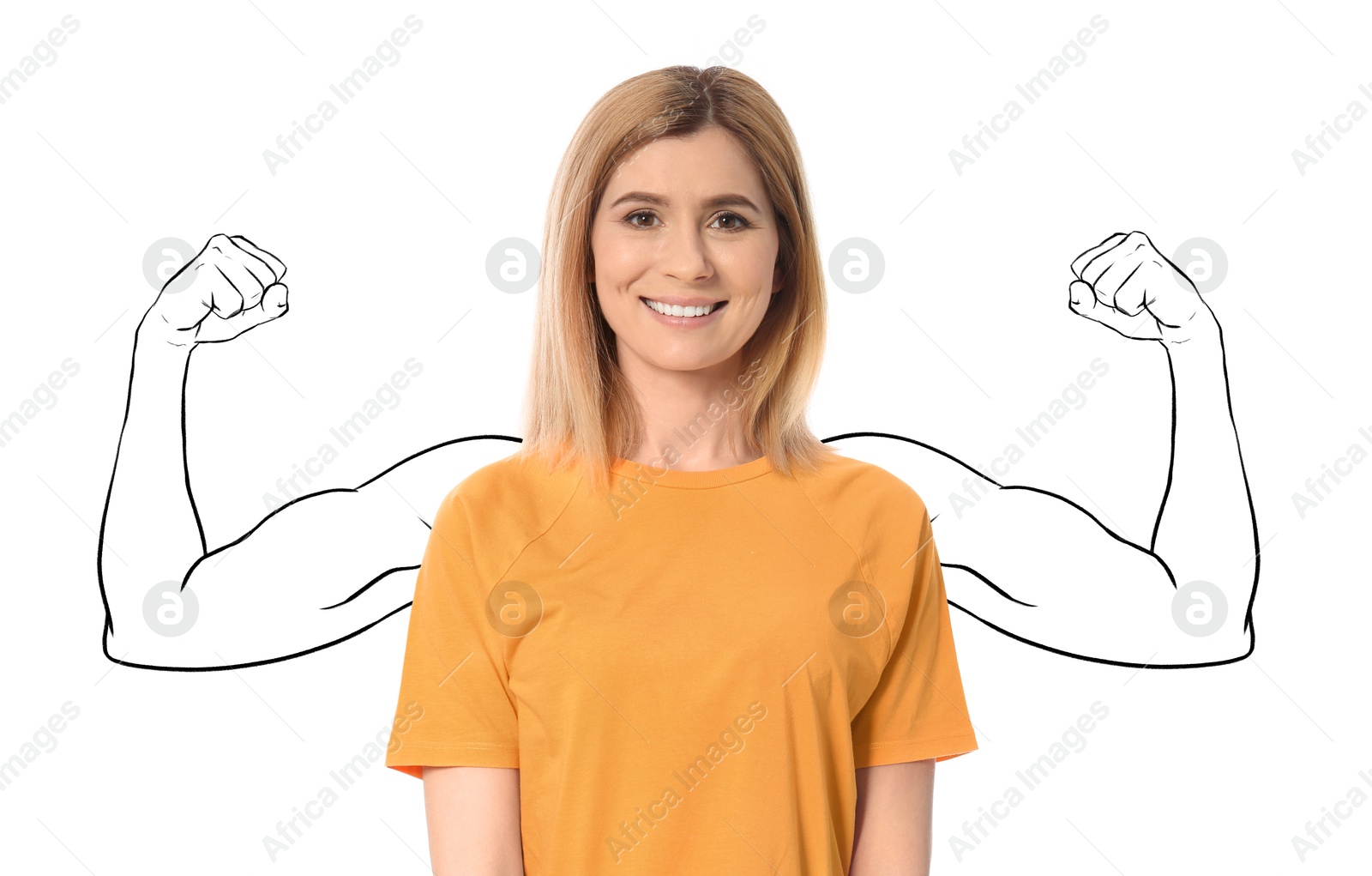 Image of Happy woman with drawing of strong arms behind her on white background