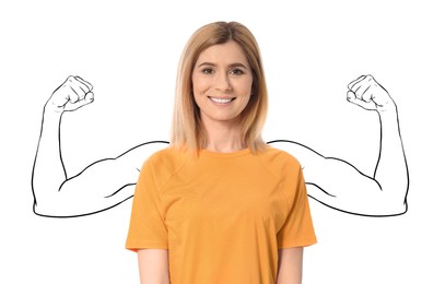 Image of Happy woman with drawing of strong arms behind her on white background