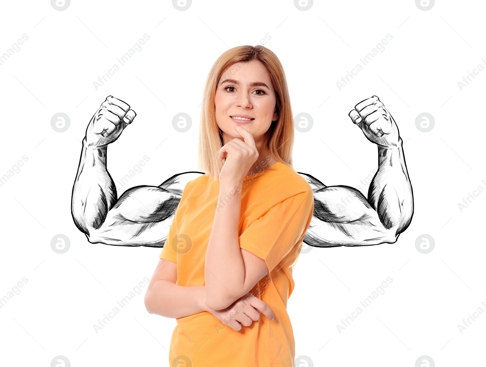 Image of Beautiful woman with drawing of strong arms behind her on white background