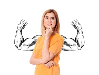 Beautiful woman with drawing of strong arms behind her on white background