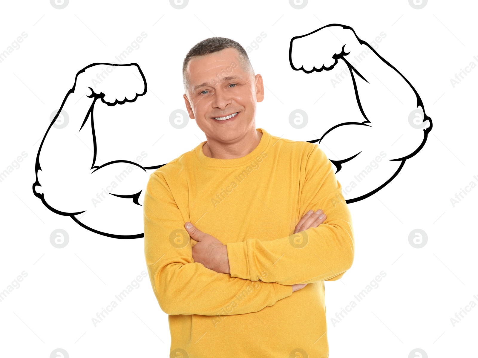 Image of Confident man with drawing of strong arms behind him on white background